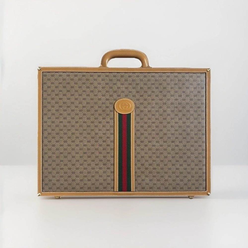Vtg 70s Gucci GG Monogram Attache Hard Side Briefcase Web Stripe Leather Italy